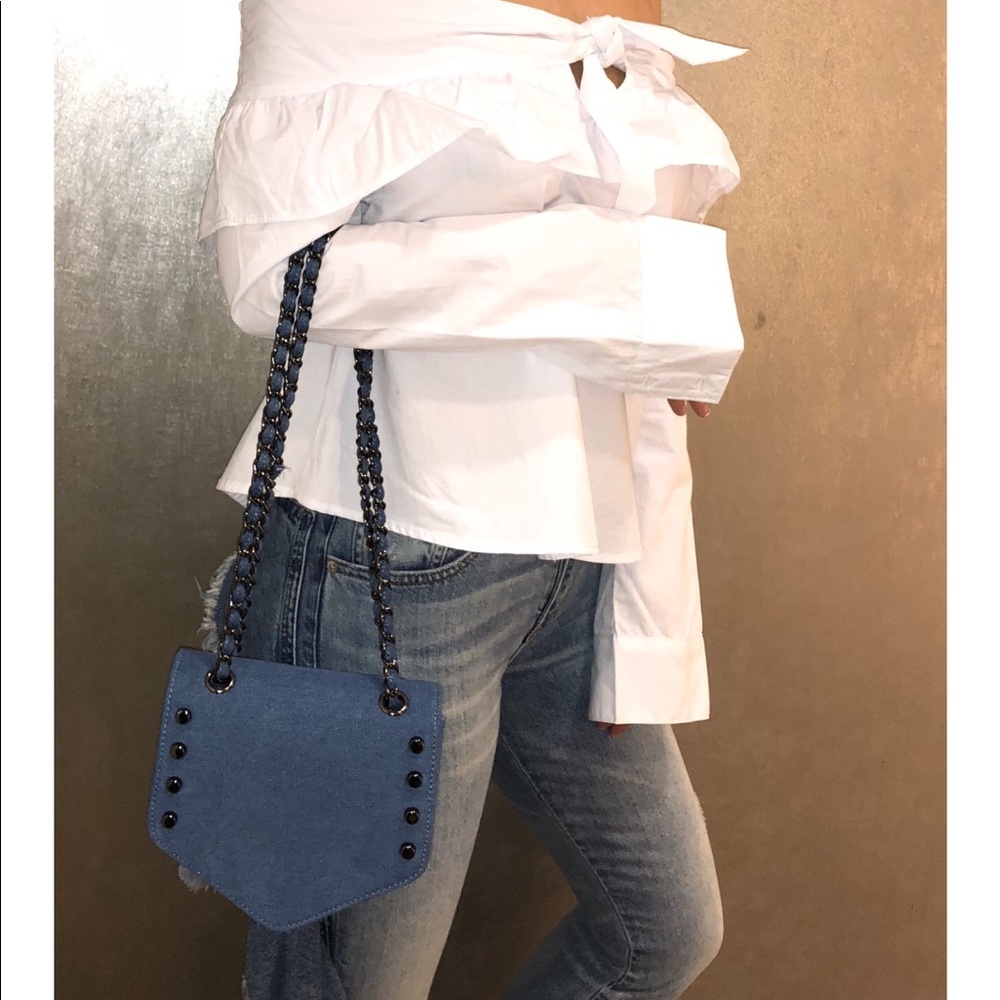 ISACCO New Denim Pentagon bag -gunmetal studs.